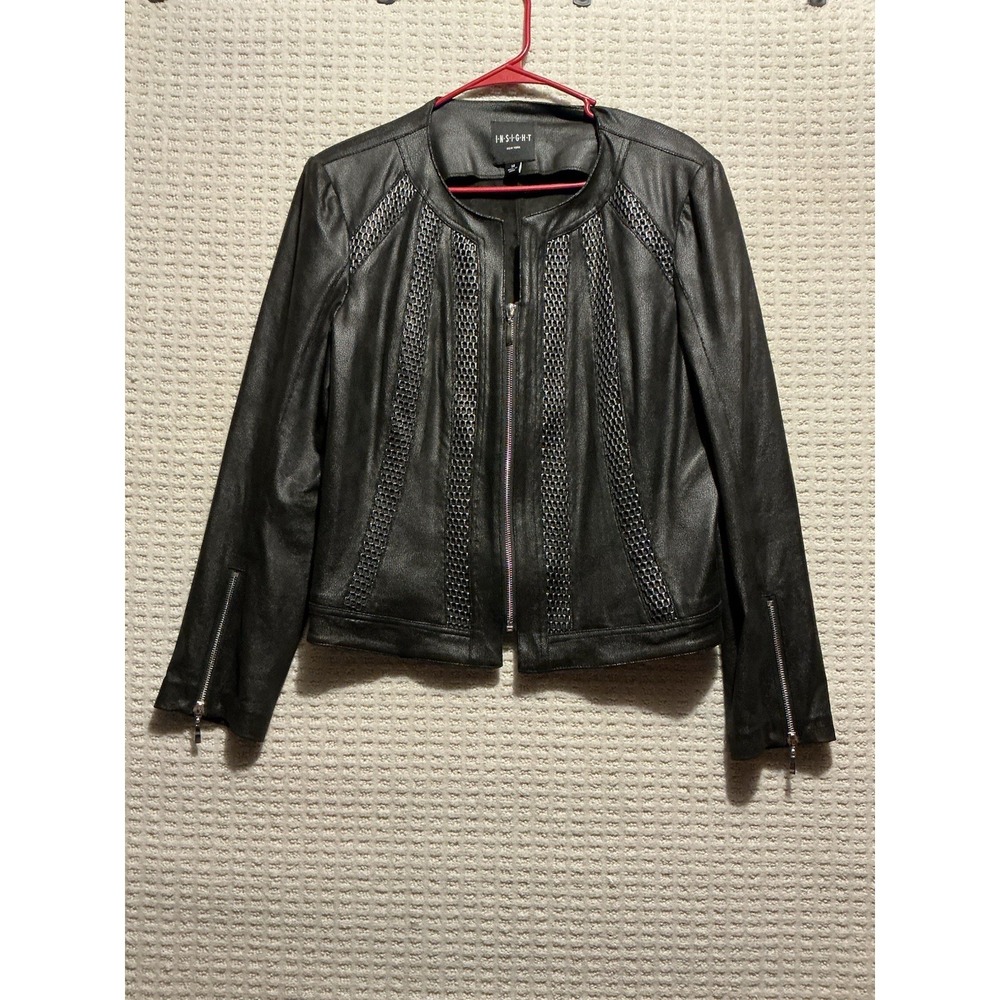 INSIGHT Faux Leather Moto Jacket Size 14 Black‎ Women Coat Lightweight Metallic